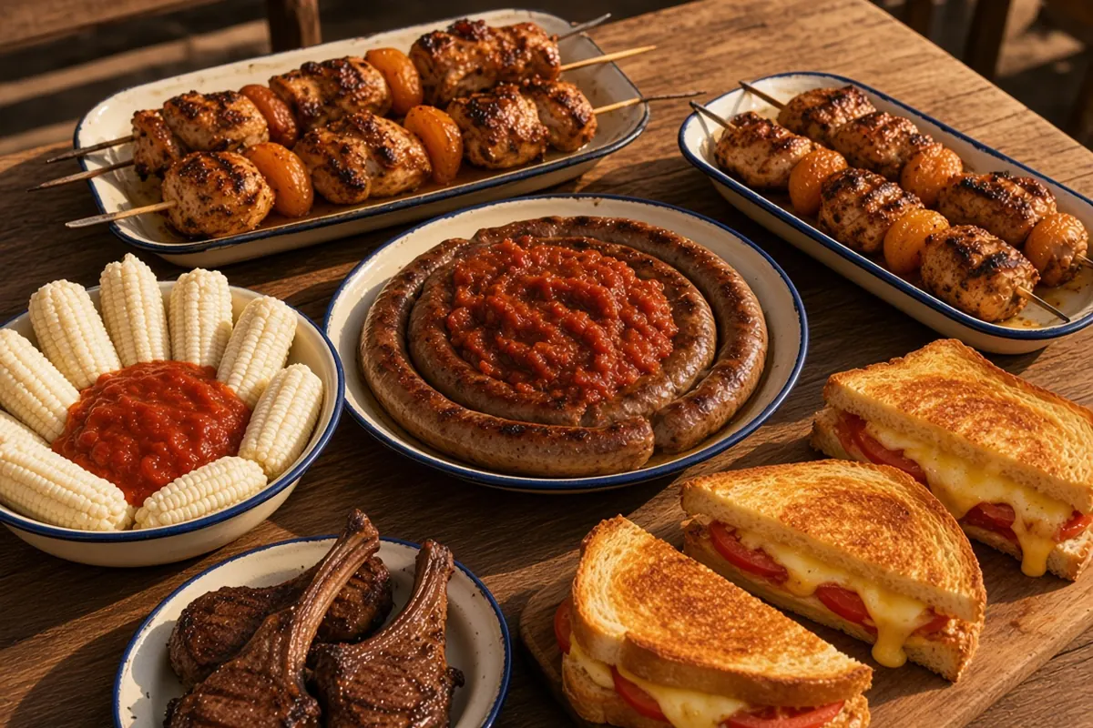 A Braai Day table for about eight adults: 400–500 g of meat each — wors rolls, chicken sosaties, pap and sous, and braaibroodjies for the low coals.