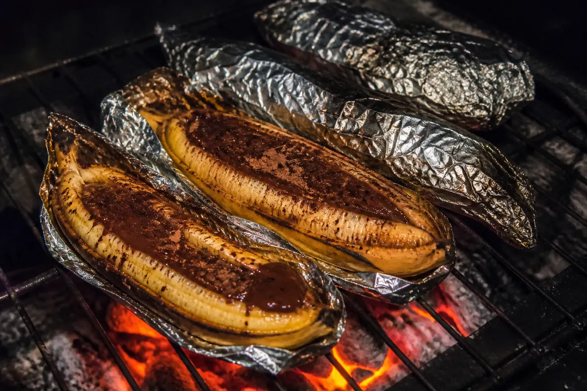 Chocolate bananas in foil on the grid
