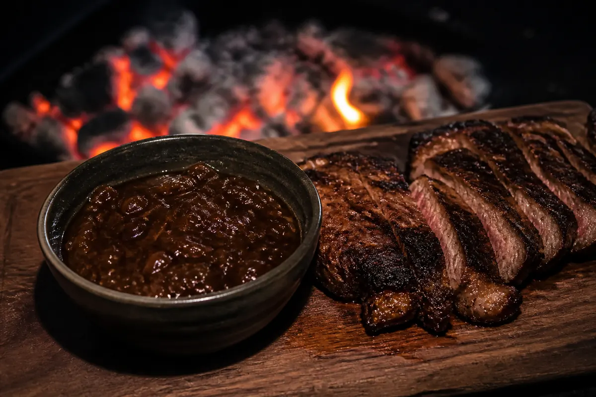 Monkey gland sauce beside sliced steak